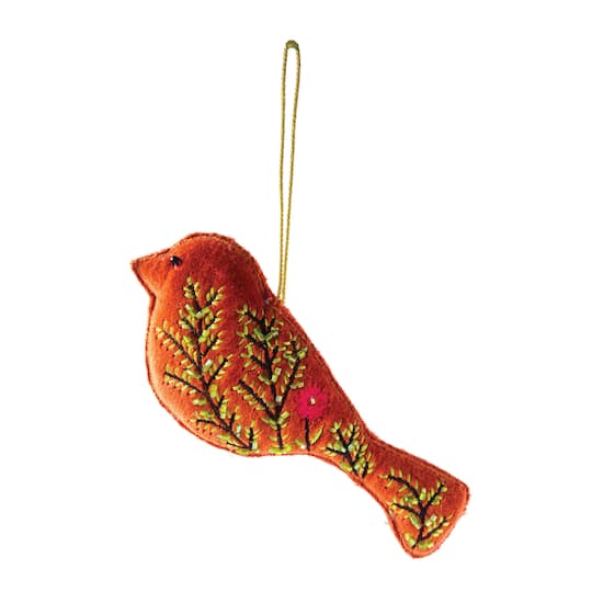 Hello Honey® 5.5" Orange Embroidered Bird Cotton Velvet Bird Ornament